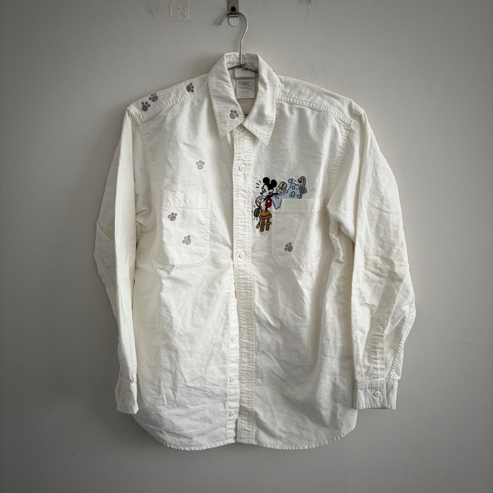 Disney Store Mens Mickey Mouse Pluto Embroidered Button Up Shirt White Small